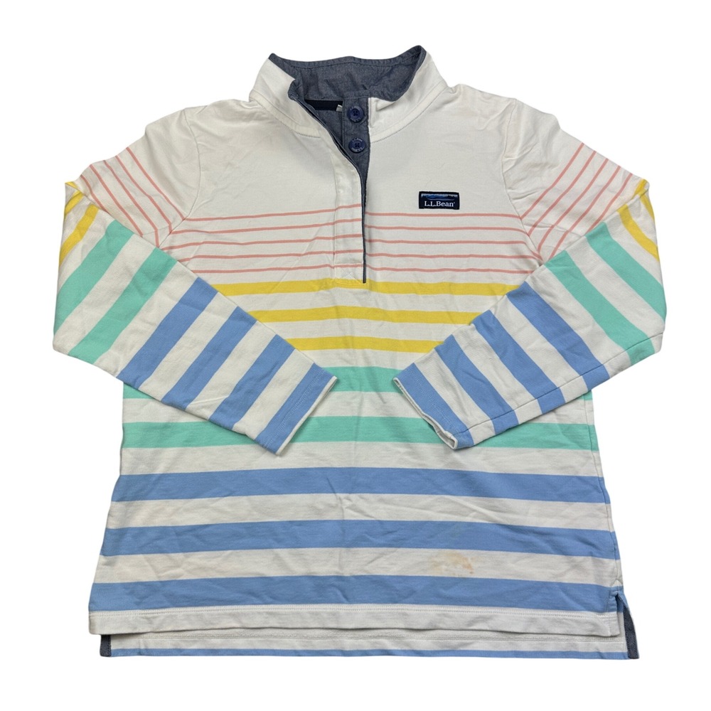 LL Bean Womens Large Striped Rugby Pullover Pastel Multi Color Cotton Mock Neck